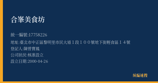 合峯美食坊的照片-統編 17758226(臺北市) 公司登記資料與營業項目詳細圖表
