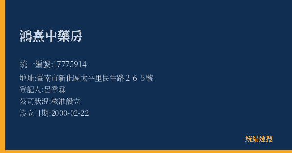 鴻熹中藥房的照片-統編 17775914(臺南市) 公司登記資料與營業項目詳細圖表