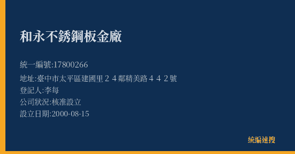 和永不銹鋼板金廠的照片-統編 17800266(臺中市) 公司登記資料與營業項目詳細圖表