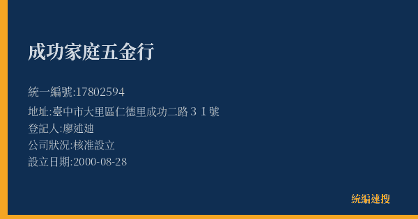 成功家庭五金行的照片-統編 17802594(臺中市) 公司登記資料與營業項目詳細圖表