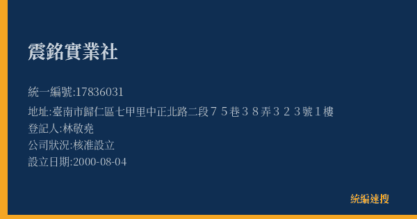 震銘實業社的照片-統編 17836031(臺南市) 公司登記資料與營業項目詳細圖表
