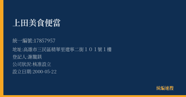 上田美食便當的照片-統編 17857957(高雄市) 公司登記資料與營業項目詳細圖表