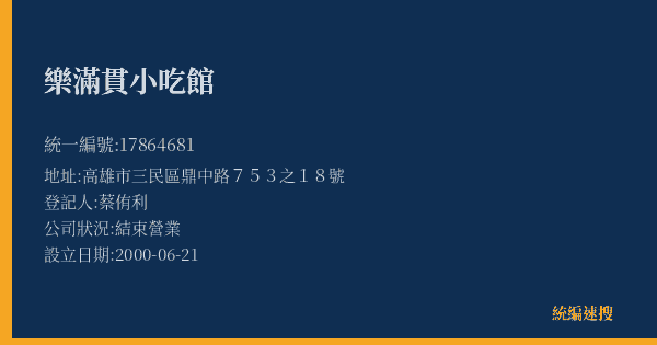 樂滿貫小吃館的照片-統編 17864681(高雄市) 公司登記資料與營業項目詳細圖表