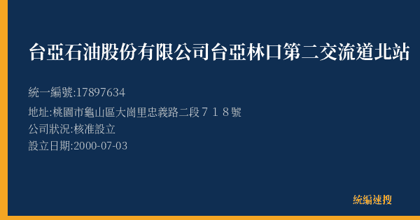 台亞石油股份有限公司台亞林口第二交流道北站的照片-統編 17897634(桃園市) 公司登記資料與營業項目詳細圖表