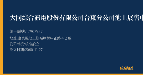 大同綜合訊電股份有限公司台東分公司池上展售中心的照片-統編 17907957(臺東縣) 公司登記資料與營業項目詳細圖表