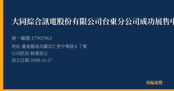 大同綜合訊電股份有限公司台東分公司成功展售中心的照片-統編 17907963(臺東縣) 公司登記資料與營業項目詳細圖表