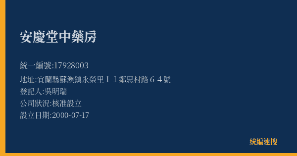 安慶堂中藥房的照片-統編 17928003(宜蘭縣) 公司登記資料與營業項目詳細圖表