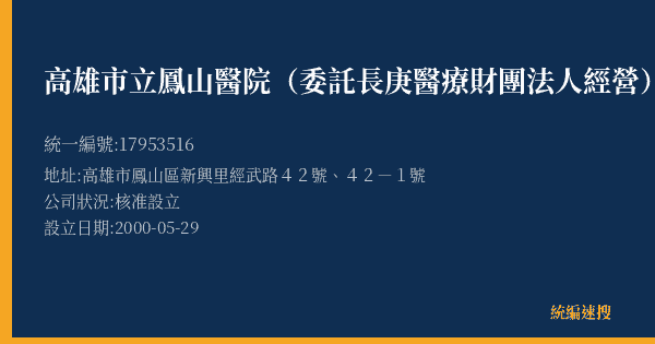 高雄市立鳳山醫院(委託長庚醫療財團法人經營)的照片-統編 17953516(高雄市) 公司登記資料與營業項目詳細圖表