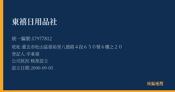 東禧日用品社的照片-統編 17977812(臺北市) 公司登記資料與營業項目詳細圖表