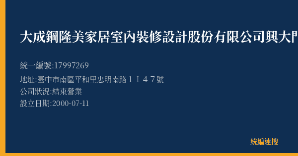 大成鋼隆美家居室內裝修設計股份有限公司興大門市部的照片-統編 17997269(臺中市) 公司登記資料與營業項目詳細圖表