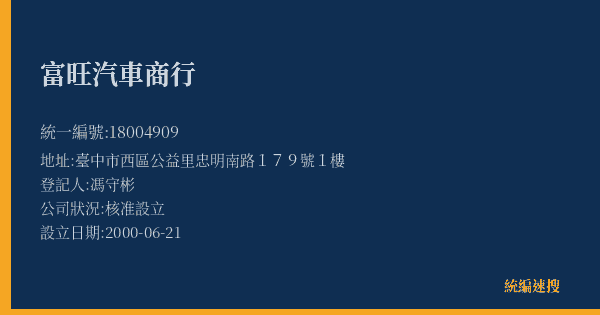 富旺汽車商行的照片-統編 18004909(臺中市) 公司登記資料與營業項目詳細圖表