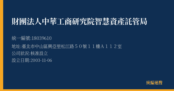 財團法人中華工商研究院智慧資產託管局的照片-統編 18039610(臺北市) 公司登記資料與營業項目詳細圖表