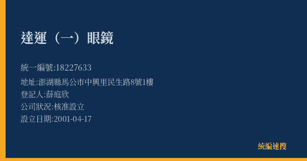 達運(一)眼鏡的照片-統編 18227633(澎湖縣) 公司登記資料與營業項目詳細圖表