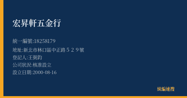 宏昇軒五金行的照片-統編 18258179(新北市) 公司登記資料與營業項目詳細圖表
