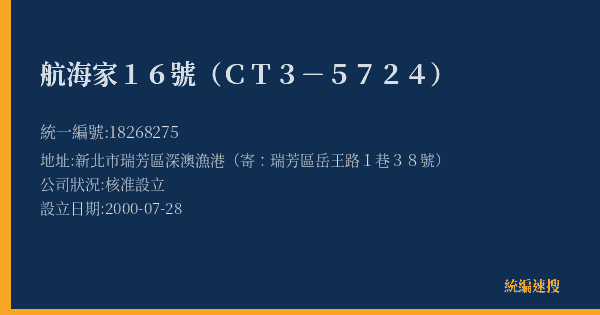 航海家16號(CT3-5724)的照片-統編 18268275(新北市) 公司登記資料與營業項目詳細圖表