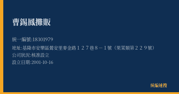 曹錫鳳攤販的照片-統編 18301979(基隆市) 公司登記資料與營業項目詳細圖表