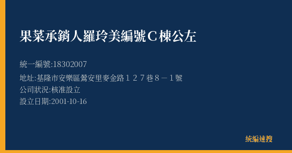 果菜承銷人羅玲美編號C棟公左的照片-統編 18302007(基隆市) 公司登記資料與營業項目詳細圖表