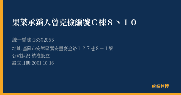 果菜承銷人曾克儉編號C棟8丶10的照片-統編 18302055(基隆市) 公司登記資料與營業項目詳細圖表