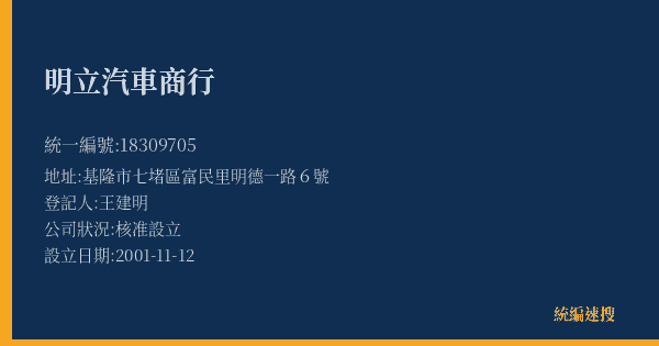 明立汽車商行的照片-統編 18309705(基隆市) 公司登記資料與營業項目詳細圖表