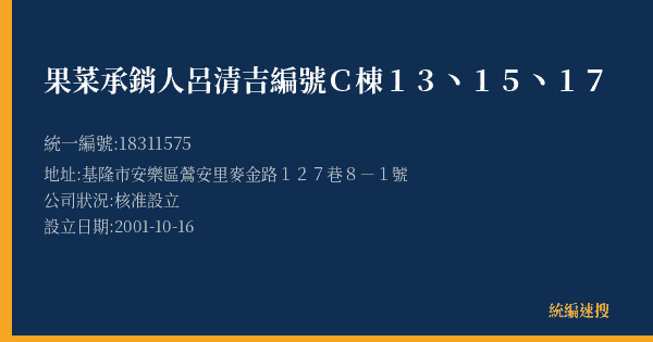 果菜承銷人呂清吉編號C棟13丶15丶17的照片-統編 18311575(基隆市) 公司登記資料與營業項目詳細圖表