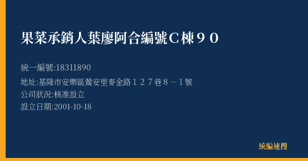 果菜承銷人葉廖阿合編號C棟90的照片-統編 18311890(基隆市) 公司登記資料與營業項目詳細圖表