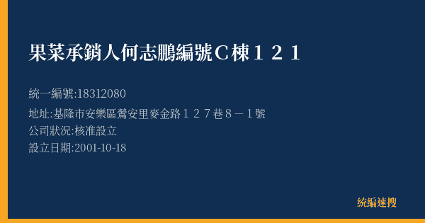 果菜承銷人何志鵬編號C棟121的照片-統編 18312080(基隆市) 公司登記資料與營業項目詳細圖表