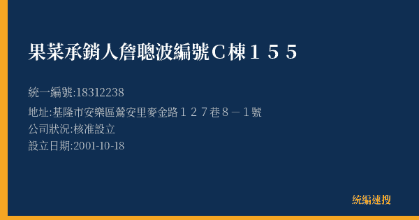 果菜承銷人詹聰波編號C棟155的照片-統編 18312238(基隆市) 公司登記資料與營業項目詳細圖表