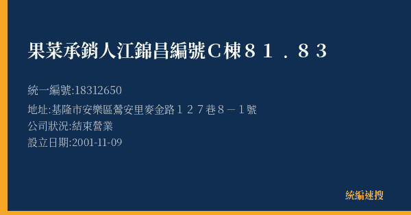果菜承銷人江錦昌編號C棟81﹒83的照片-統編 18312650(基隆市) 公司登記資料與營業項目詳細圖表