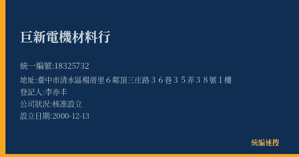 巨新電機材料行的照片-統編 18325732(臺中市) 公司登記資料與營業項目詳細圖表