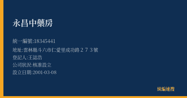 永昌中藥房的照片-統編 18345441(雲林縣) 公司登記資料與營業項目詳細圖表