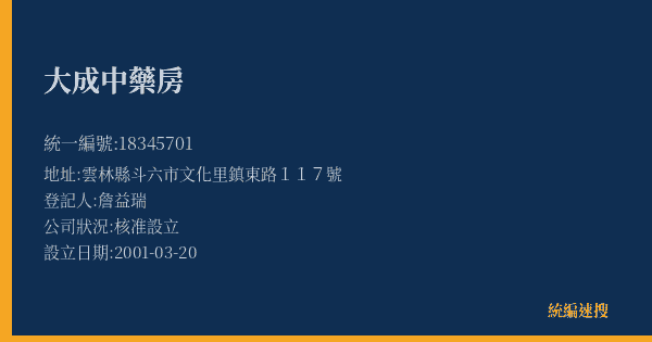 大成中藥房的照片-統編 18345701(雲林縣) 公司登記資料與營業項目詳細圖表