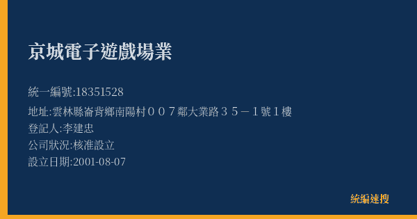 京城電子遊戲場業的照片-統編 18351528(雲林縣) 公司登記資料與營業項目詳細圖表