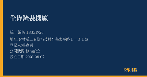 全偉鏟裝機廠的照片-統編 18351920(雲林縣) 公司登記資料與營業項目詳細圖表