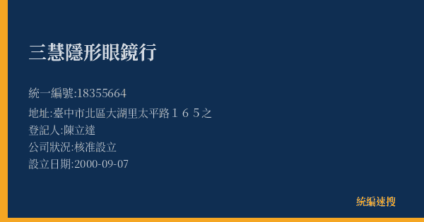 三慧隱形眼鏡行的照片-統編 18355664(臺中市) 公司登記資料與營業項目詳細圖表
