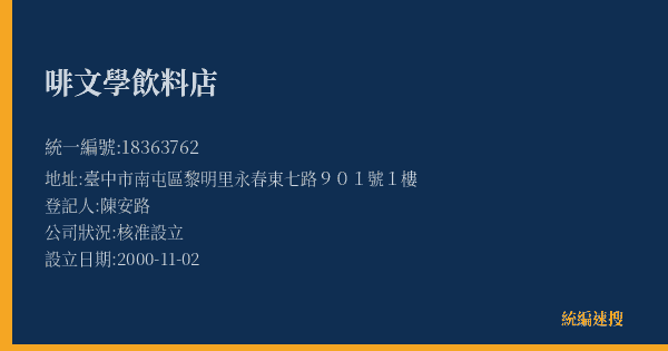 啡文學飲料店的照片-統編 18363762(臺中市) 公司登記資料與營業項目詳細圖表