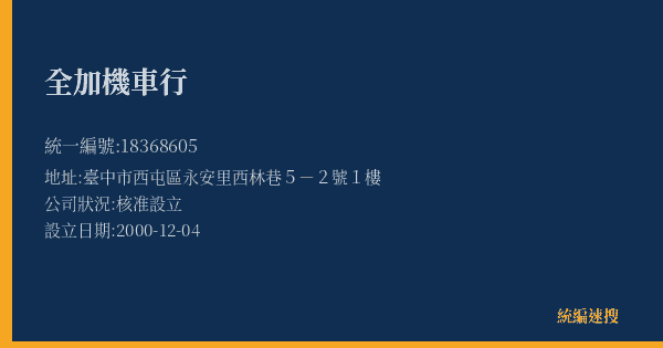 全加機車行的照片-統編 18368605(臺中市) 公司登記資料與營業項目詳細圖表