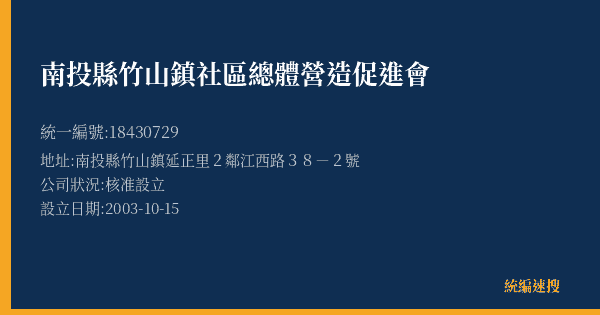 南投縣竹山鎮社區總體營造促進會的照片-統編 18430729(南投縣) 公司登記資料與營業項目詳細圖表