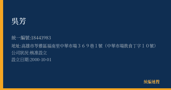 吳芳的照片-統編 18443983(高雄市) 公司登記資料與營業項目詳細圖表