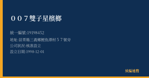 007雙子星檳榔的照片-統編 19198452(苗栗縣) 公司登記資料與營業項目詳細圖表