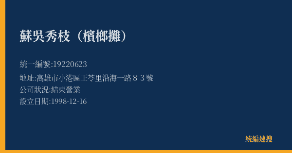 蘇吳秀枝(檳榔攤)的照片-統編 19220623(高雄市) 公司登記資料與營業項目詳細圖表