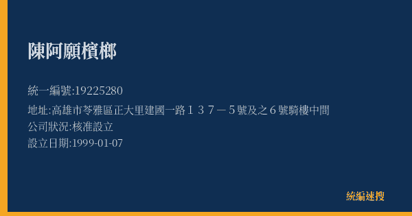 陳阿願檳榔的照片-統編 19225280(高雄市) 公司登記資料與營業項目詳細圖表