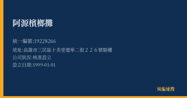 阿源檳榔攤的照片-統編 19228266(高雄市) 公司登記資料與營業項目詳細圖表