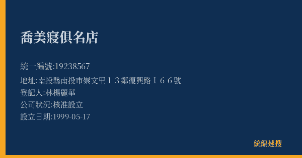 喬美寢俱名店的照片-統編 19238567(南投縣) 公司登記資料與營業項目詳細圖表