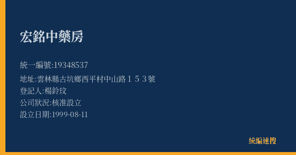 宏銘中藥房的照片-統編 19348537(雲林縣) 公司登記資料與營業項目詳細圖表