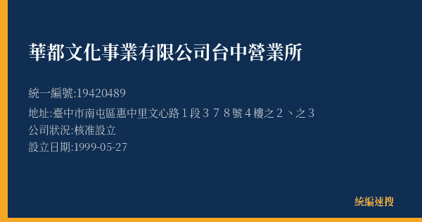 華都文化事業有限公司台中營業所的照片-統編 19420489(臺中市) 公司登記資料與營業項目詳細圖表