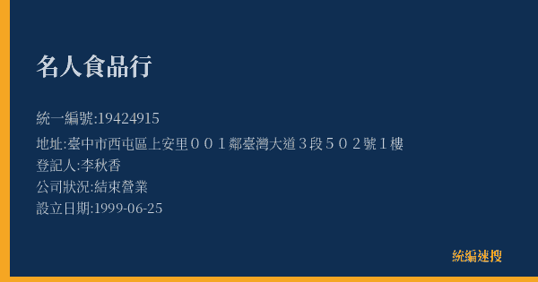 名人食品行的照片-統編 19424915(臺中市) 公司登記資料與營業項目詳細圖表