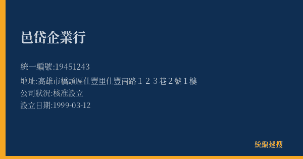 邑岱企業行的照片-統編 19451243(高雄市) 公司登記資料與營業項目詳細圖表