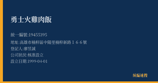 勇士火雞肉飯的照片-統編 19455395(高雄市) 公司登記資料與營業項目詳細圖表