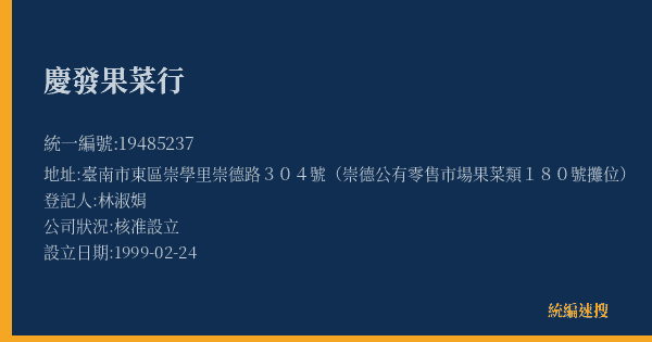慶發果菜行的照片-統編 19485237(臺南市) 公司登記資料與營業項目詳細圖表