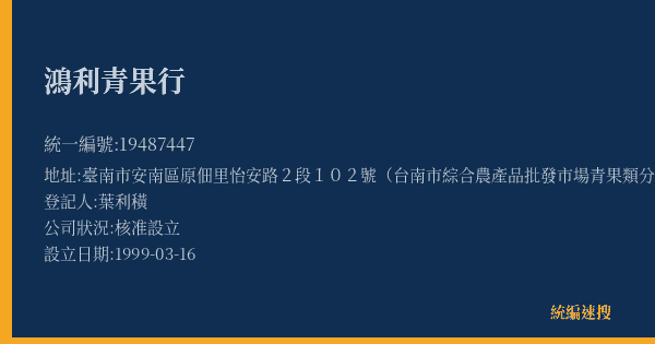 鴻利青果行的照片-統編 19487447(臺南市) 公司登記資料與營業項目詳細圖表